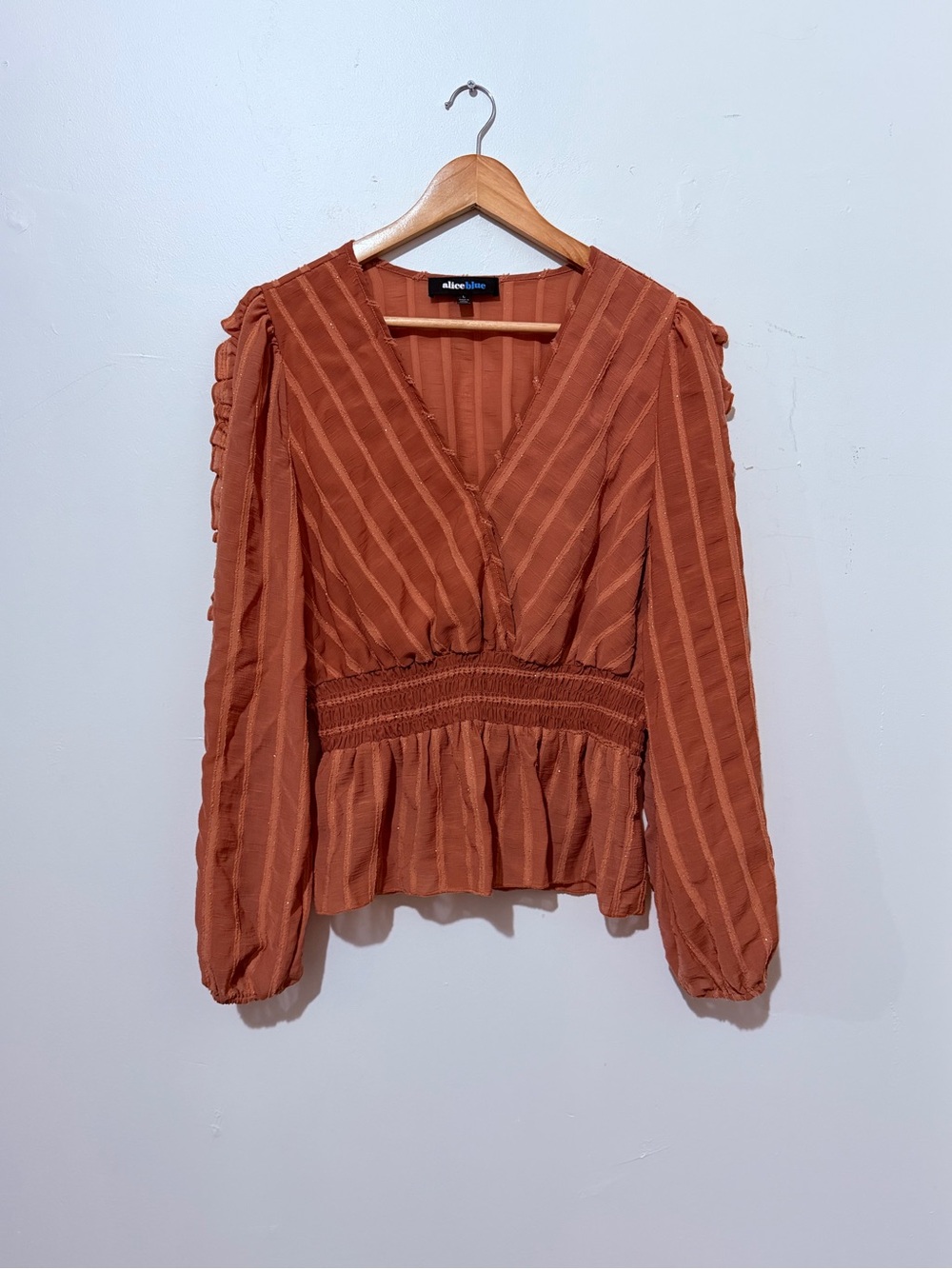 Alice Blue Terracotta V-Neck Textured Stripe Peplum Blouse